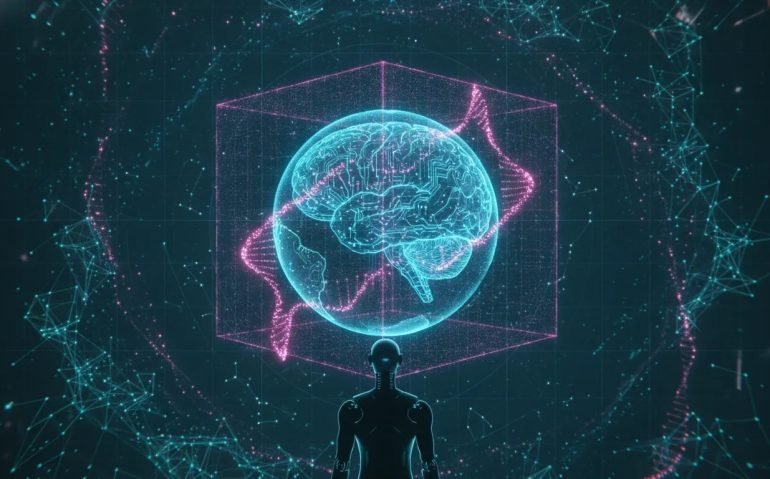 Futuristic AI news illustration showing holographic globe, DNA helix, network of agent nodes, a 3D scene frame, and a sensor-equipped robot in a cinematic teal and magenta style