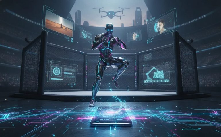 Futuristic illustration of a robot MMA fighter with smartphone AI video holograms and aerial and industrial robotics elements in a neon-lit sci-fi arena