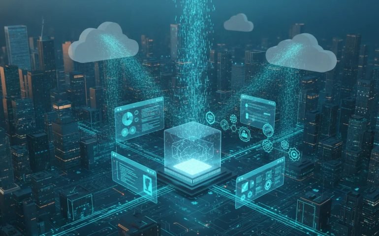 Futuristic Canadian tech illustration showing an AI core powering abstract coding and enterprise automation with connected cloud, browser, and workflow elements in glowing blue and teal tones.