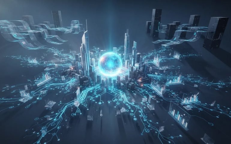 Futuristic illustration showing a glowing AI core connected to an open network, suggesting a new leading open-source model reshaping the AI market.