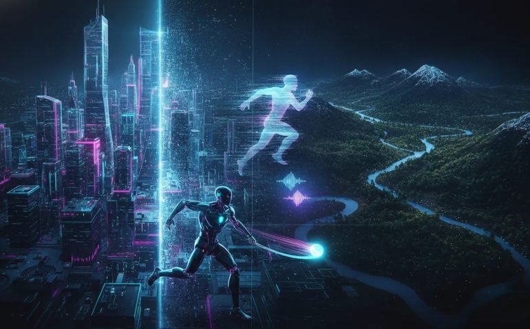 Cinematic futuristic scene showing a robot athlete, holographic real-time AI world generation, and 4D human reconstruction effects—no text.