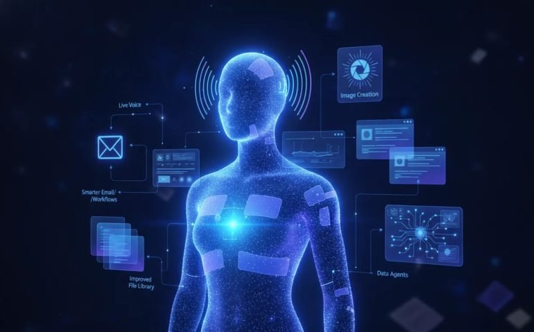 Futuristic holographic illustration showing interconnected AI features such as live voice waves, image generation tiles, workflow routing, a file library, and data dashboard nodes