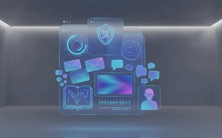 Futuristic wordless illustration of AI privacy, analytics, multi-inbox actions, sticker creation, research notebooks, generative video, transcription, and personal avatars shown as glowing UI elements