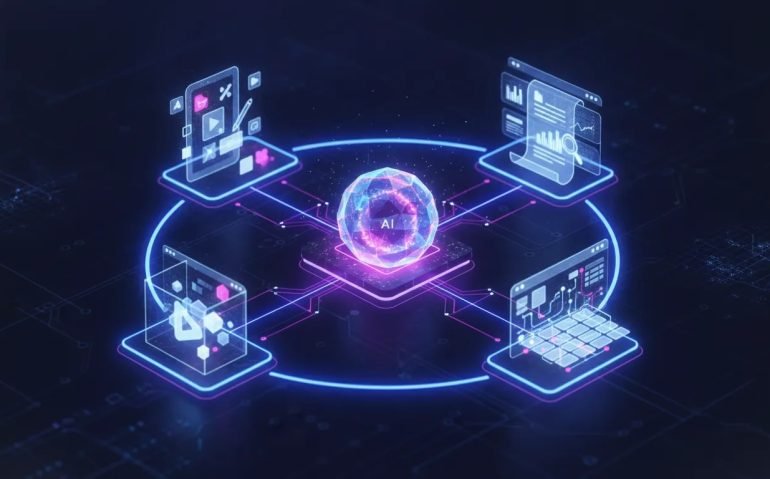 Futuristic holographic AI system showing data streams connecting notebook, document analysis, interactive 3D game, and spreadsheet canvas dashboard icons—representing Google Gemini 3.7 Flash and related use cases.