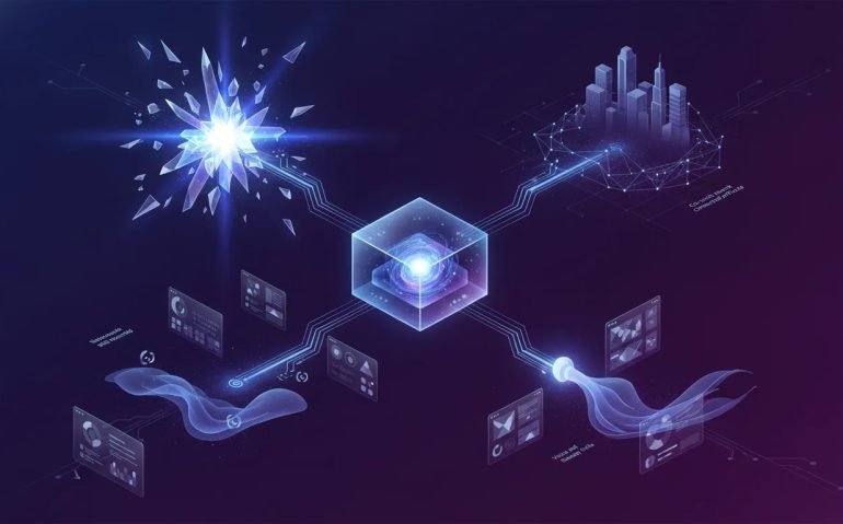 Futuristic holographic AI core with symbolic streams representing advanced model power, skill recording loops, connected co-work artifacts, and voice-to-design interfaces—no text.