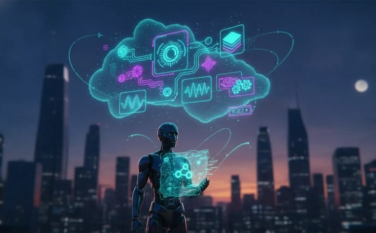 Futuristic AI-themed illustration with holographic network connections, robot silhouette, and multimedia light effects over a Canadian city skyline at dusk.