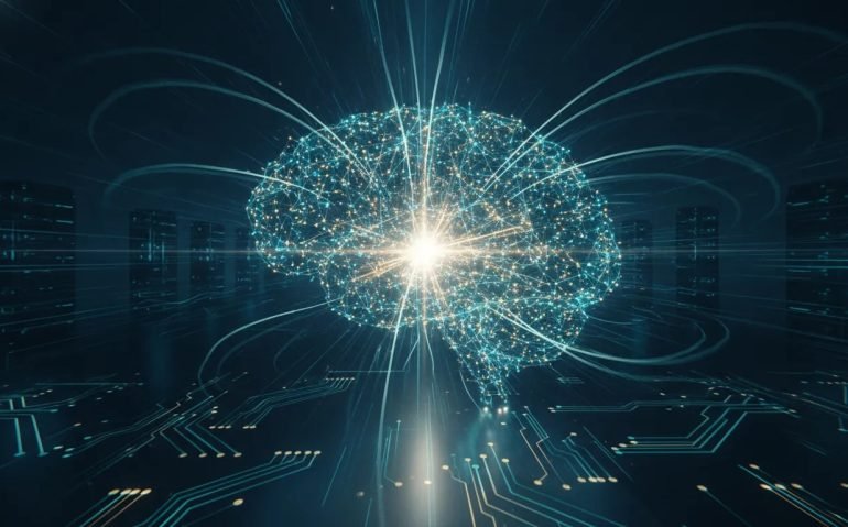 Futuristic illustration of a glowing neural network core emitting speed streaks and light beams, representing a breakthrough that dramatically accelerates AI inference.