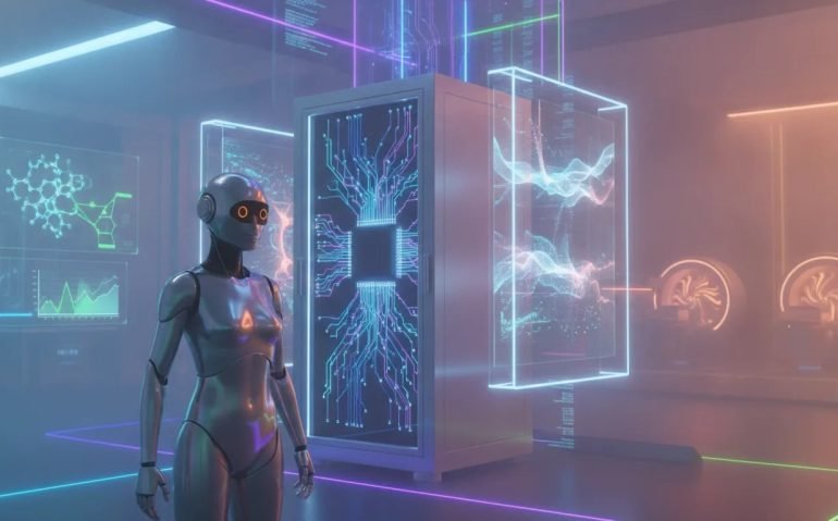 Futuristic AI-themed editorial scene combining open-source networks, controllable video holograms, scientific breakthroughs, a robot companion, and an abstract spa-like medical scanning concept.
