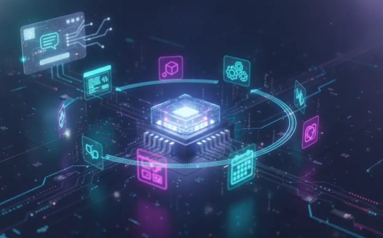 Futuristic holographic AI workspace scene showing interconnected coding, automation workflow replay, interactive modules, scheduling, integrations, and enhanced voice control—no text.