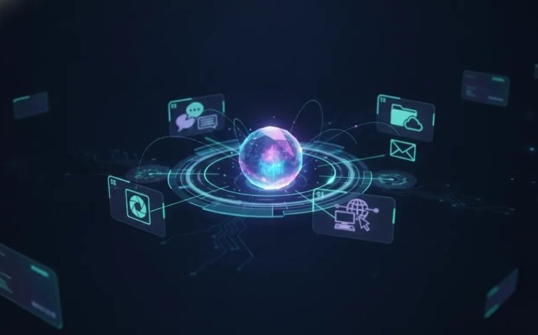 Futuristic holographic interface showing connected messaging, cloud, email, image generation, and computer control capabilities with glowing icons on a dark tech background.