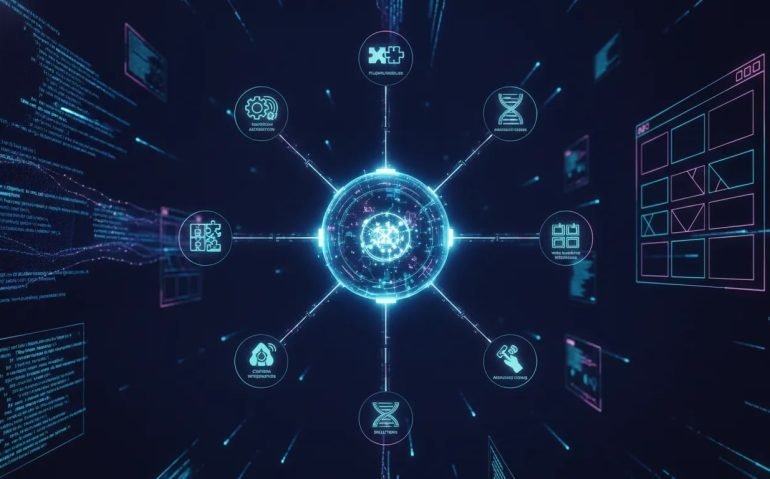 Futuristic holographic AI system showing connected modules for automation, plugins, integrations, skills, web building, and advanced execution—no text.