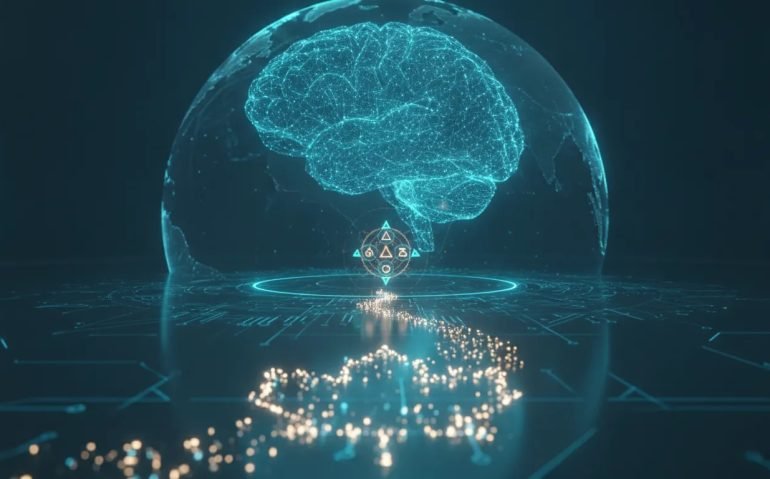 Futuristic holographic brain and digital network imagery symbolizing a first glimpse of AGI in a cinematic editorial scene