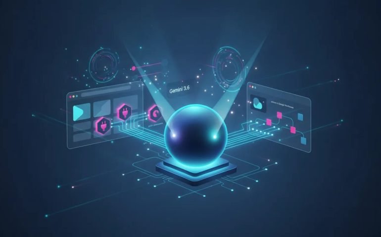 Futuristic illustration of an AI core connected to browser tabs, tool connectors, and a workspace action network, symbolizing fast Gemini 3.6 updates and automation.
