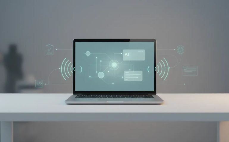 Illustration of a modern laptop with an abstract AI interface and glowing sound-wave signals, representing Gemini desktop upgrade, speech features, and workflow automation.