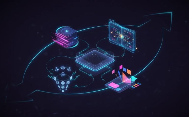 Futuristic wordless illustration of connected holographic modules representing video creation, faster lightweight AI, mind-map organization in notebooks, and brand-focused creative tools within an upgraded Gemini interface.