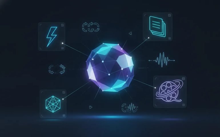 Futuristic sci-fi illustration showing connected holographic panels symbolizing fast AI, a lightweight model, video generation/editing, and notebook-style upgrades from Google Gemini—no text.