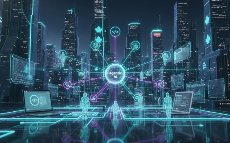 Futuristic holographic AI agents connecting a Canadian city skyline to networked devices, symbolizing major Google AI ecosystem updates and agentic automation for Canadian businesses.