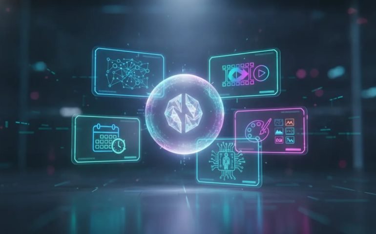 Futuristic interface illustration symbolizing Google Gemini updates including custom MCP connections, advanced scheduling, short-form video generation, and AI Studio enhancements