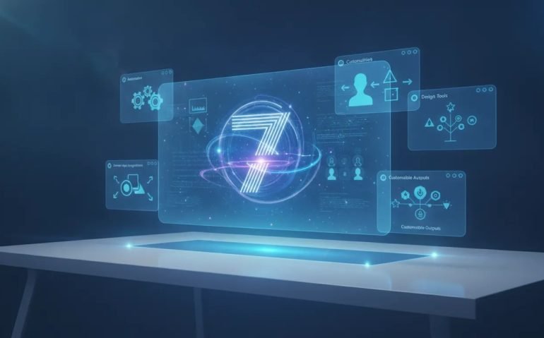 Futuristic holographic AI interface with connected data streams and seven-suggesting circuitry design, representing Google Gemini workflow hacks for 2026.