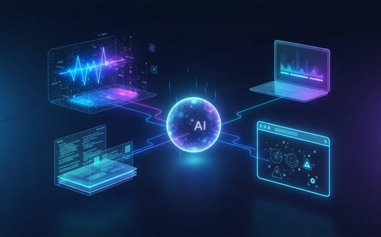 Futuristic illustration of an AI workspace showing linked music, notebook, browser, and desktop app concepts inspired by Google Gemini updates