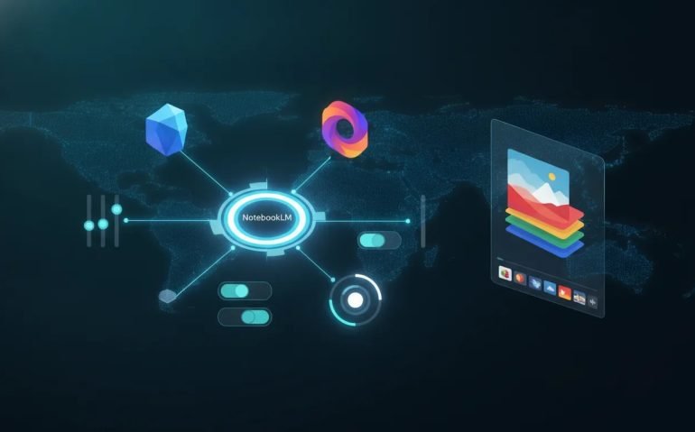 Futuristic AI workspace illustration showing connected Gemini and NotebookLM modules with glowing interactive controls, image generation preview, and geo-grounded visual elements (no text).