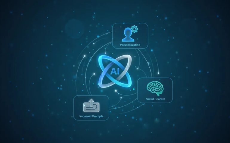 Futuristic infographic showing three interconnected Google Gemini settings—personalization, AI memory, and improved prompts—represented with icons and toggles, with a glowing central AI core and no text.