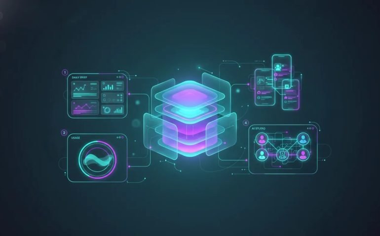 Abstract high-tech illustration depicting an AI assistant hub with connected dashboard, usage visibility meters, agent workflow nodes, and app-building phone mockups, representing Google Gemini updates.