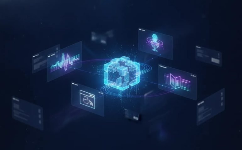 Futuristic illustration of a central glowing AI core connected to floating panels symbolizing music creation, browser automation, writing and research, and voice assistance, with a modern tech aesthetic.