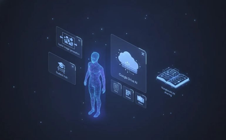 Futuristic illustration showing an AI assistant integrated with learning and productivity tools, with holographic icons representing document, spreadsheet, presentation, cloud storage, and notebook sharing.