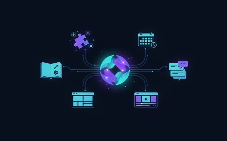 Futuristic illustration of an AI core connected to notebook, browser, video, skills, and schedule modules representing Google Gemini updates.