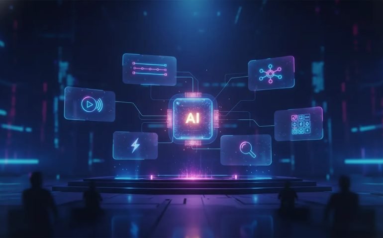 Futuristic holographic AI scene symbolizing Google I/O 2026 Gemini updates with connected video, agent, and search interfaces in neon blue and violet