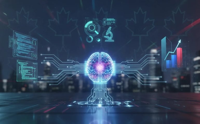 Futuristic wordless illustration of an advanced AI core powering coding, research, and business through glowing holographic pathways with Canadian-inspired lighting accents.