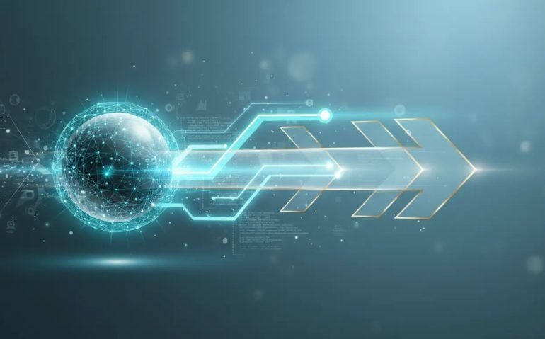 Futuristic illustration showing an advanced AI core creating forward momentum by transforming complex tools into a clear, glowing strategy roadmap