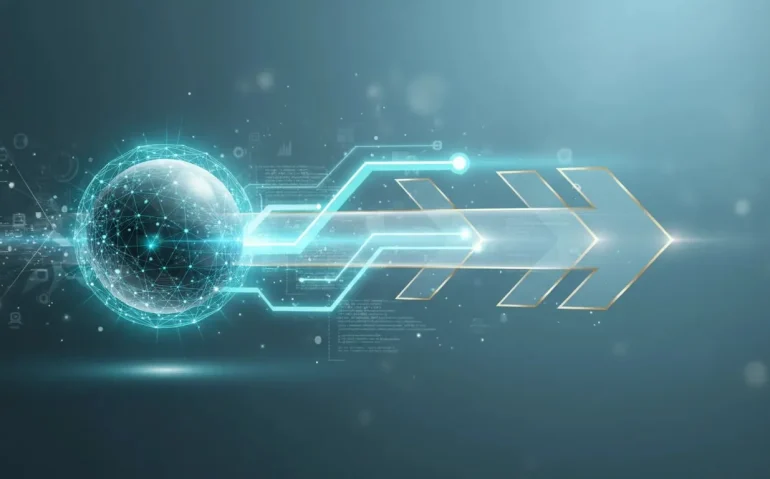 Futuristic illustration showing an advanced AI core creating forward momentum by transforming complex tools into a clear, glowing strategy roadmap