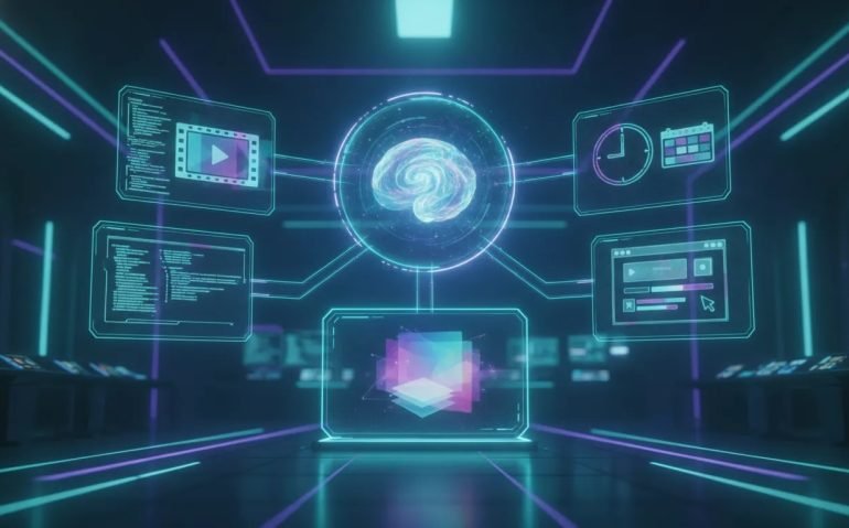 Futuristic wordless illustration showing AI automation workflows for coding, video editing, scheduled tasks, and browser operations around a central holographic interface.