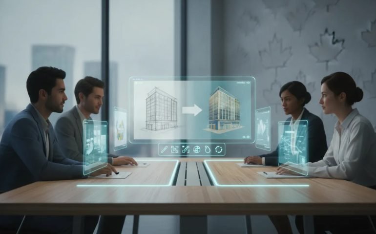 Illustration of a Canadian business team using an AI image generation and editing interface to refine creative work, showing iterative progress without any text.