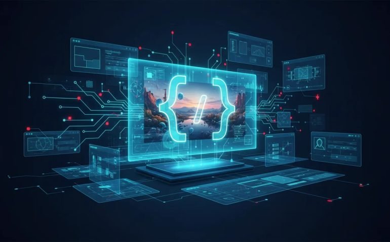 Futuristic holographic UI and blueprint-style illustration representing GPT Image 2 and the shift toward AI-generated interfaces and development workflows, with no text.