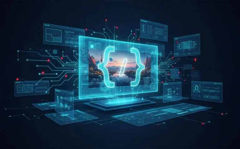 Futuristic holographic UI and blueprint-style illustration representing GPT Image 2 and the shift toward AI-generated interfaces and development workflows, with no text.