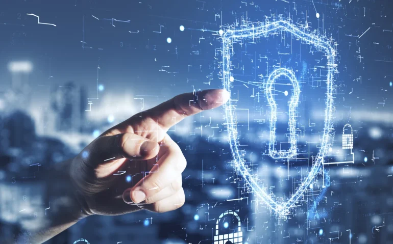 hand-touches-digital-security-shield
