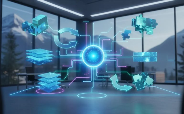 Futuristic editorial illustration of an open-source AI agent concept with a glowing central core, connected memory modules, and looping pathways symbolizing persistent learning and skill reuse—no text.