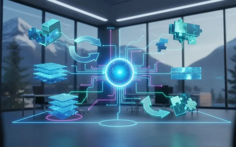 Futuristic editorial illustration of an open-source AI agent concept with a glowing central core, connected memory modules, and looping pathways symbolizing persistent learning and skill reuse—no text.