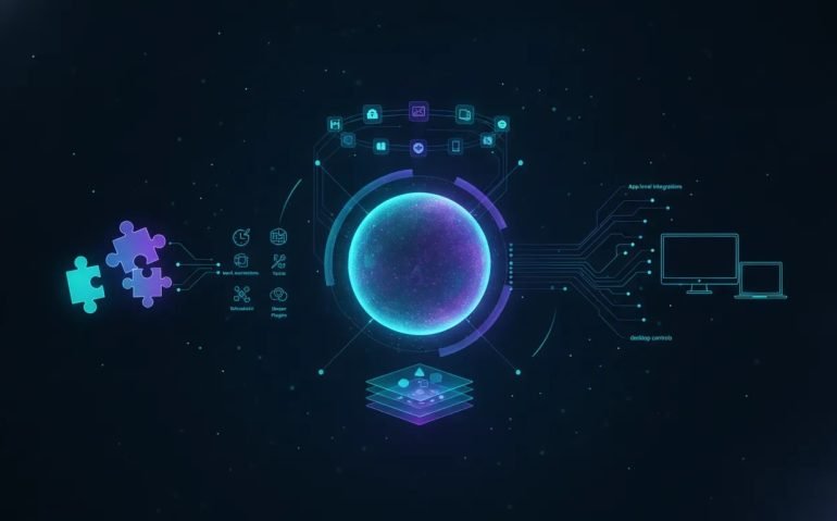 Futuristic holographic AI core surrounded by connected workflow icons symbolizing hidden ChatGPT 5.6 features like automation, scheduled tasks, plugins, and desktop integrations.