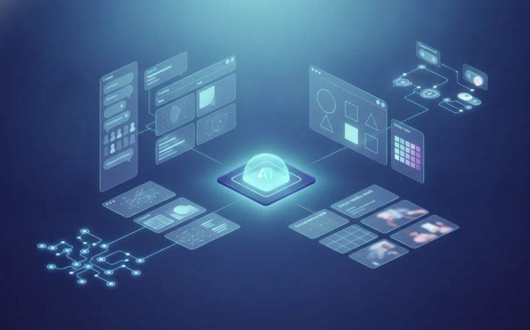 Wordless illustration showing an AI operating system concept with connected workflow tiles representing hidden Claude features like team collaboration, live artifacts, design tools, social content, usage controls, and organizational connectors.