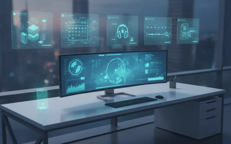 Futuristic illustration showing five interconnected hidden-gem AI productivity tools with holographic icons for knowledge base, social planning, customer support, searchable meetings, and AI embedded in text work.
