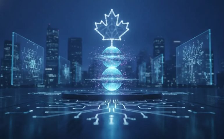 Futuristic holographic math and computing visualization showing glowing geometric sphere-packing forms and logic-like network pathways with a subtle light-maple silhouette, no text.