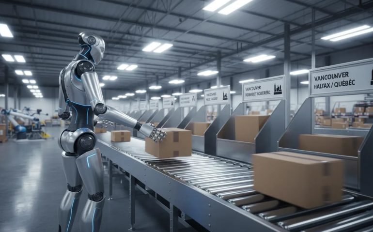 Humanoid robot sorting packages on a conveyor line in a modern warehouse, illustrating the future of automation in Canadian tech.