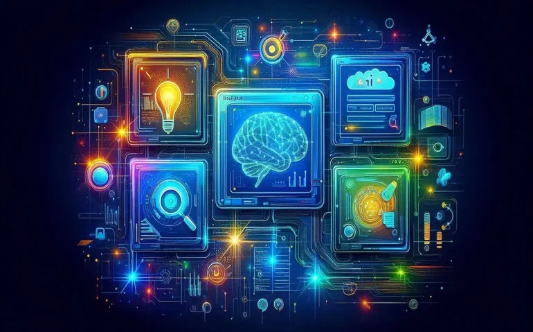 ilustración futurista y vibrante de una interfaz digital con cuatro ventanas flotantes que represent