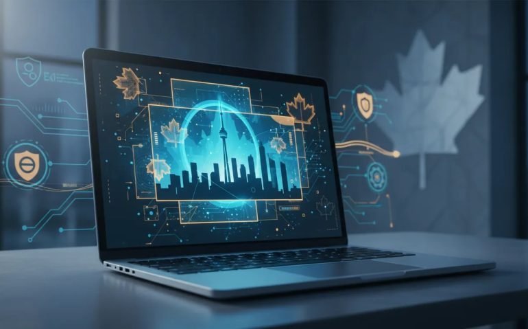 Illustration of a Canadian tech workspace showing an offline local AI image generator concept with a laptop producing abstract artwork in glowing light trails and circuit patterns, no text.