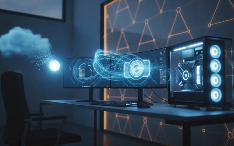 Futuristic Canadian tech workspace illustrating a powerful local AI image generator with holographic camera imagery and local computing glow, contrasted against a fading cloud network