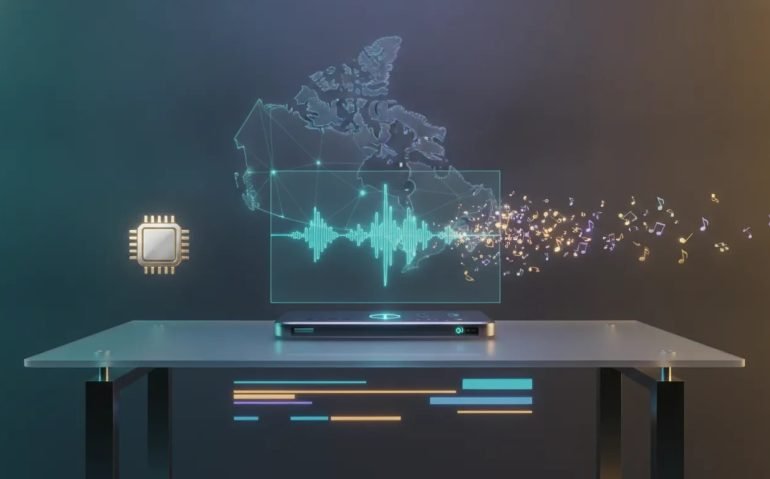 Futuristic illustration of a local AI music generator workflow with holographic waveforms, editing controls, and an abstract Canada-inspired background, with no text.